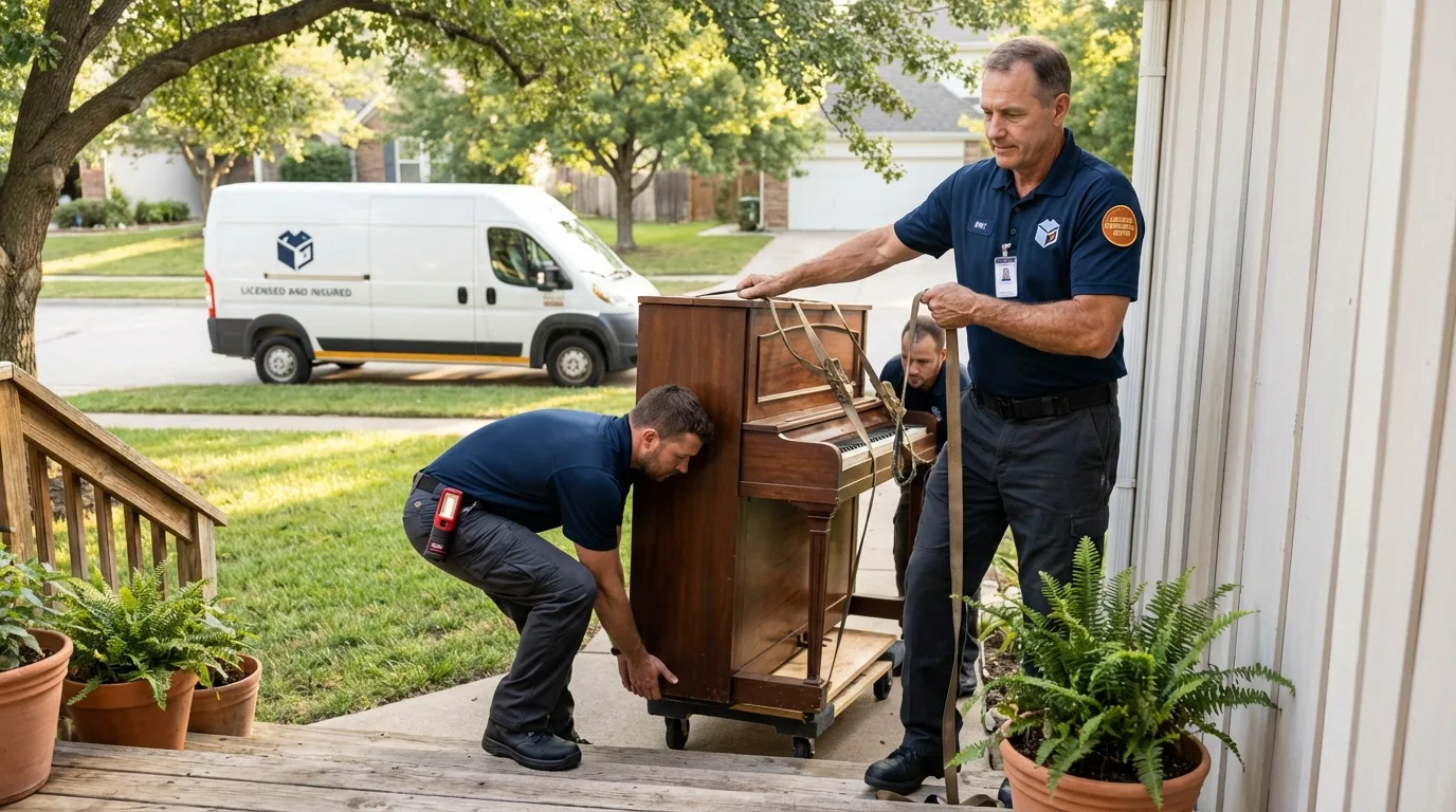 Licensed piano movers securing grand piano in Athens, NY