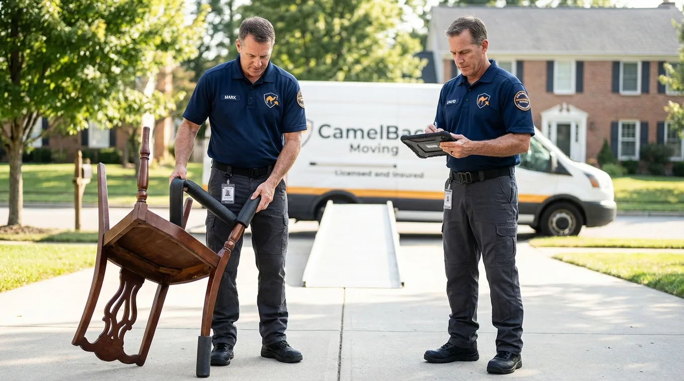 Movers inspecting furniture for damage prevention before loading in Athens, NY