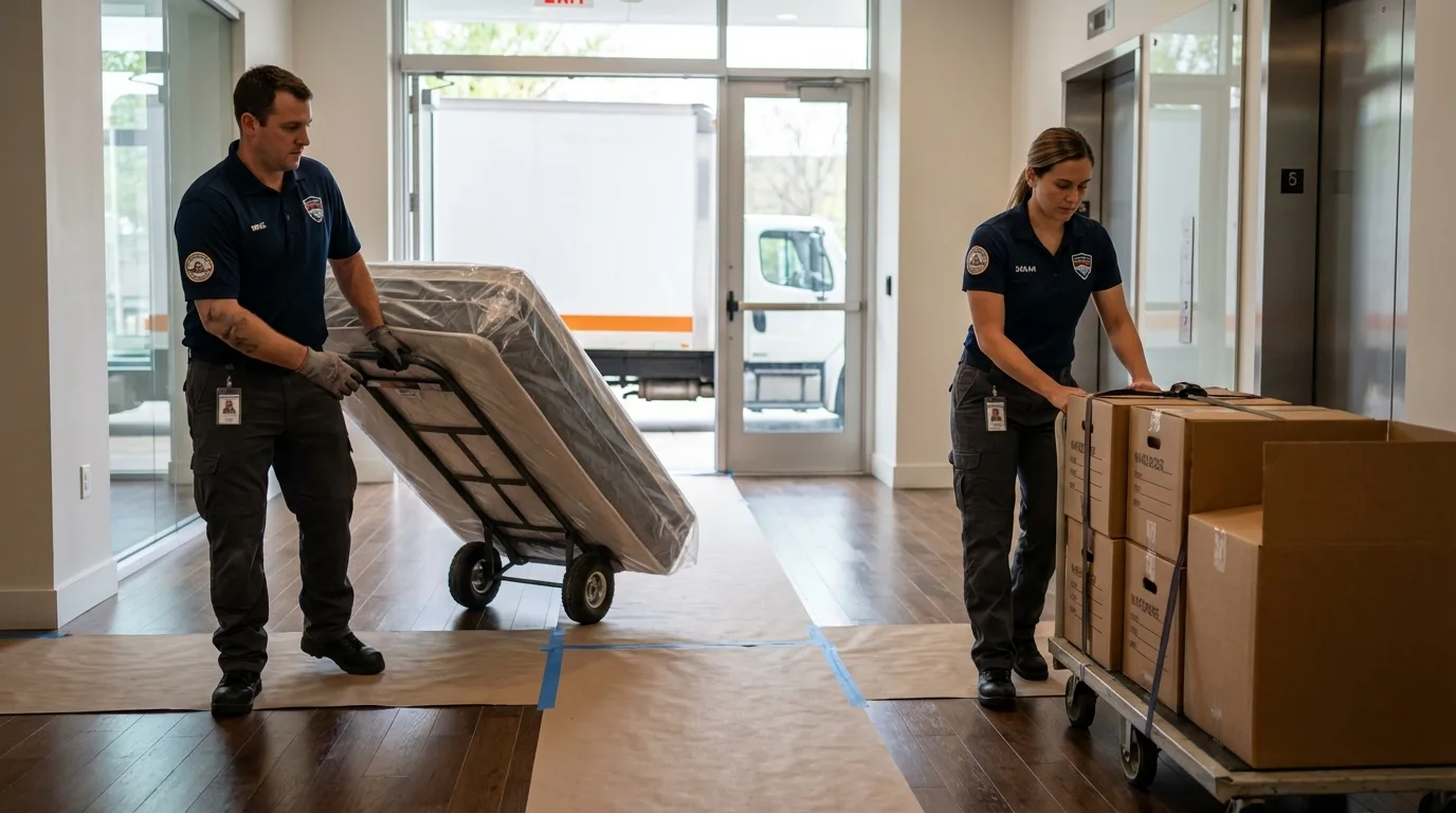Professional apartment movers loading elevator in Athens, NY