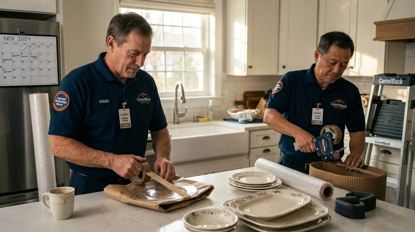 Professional crew packing kitchen dishware in Athens, NY